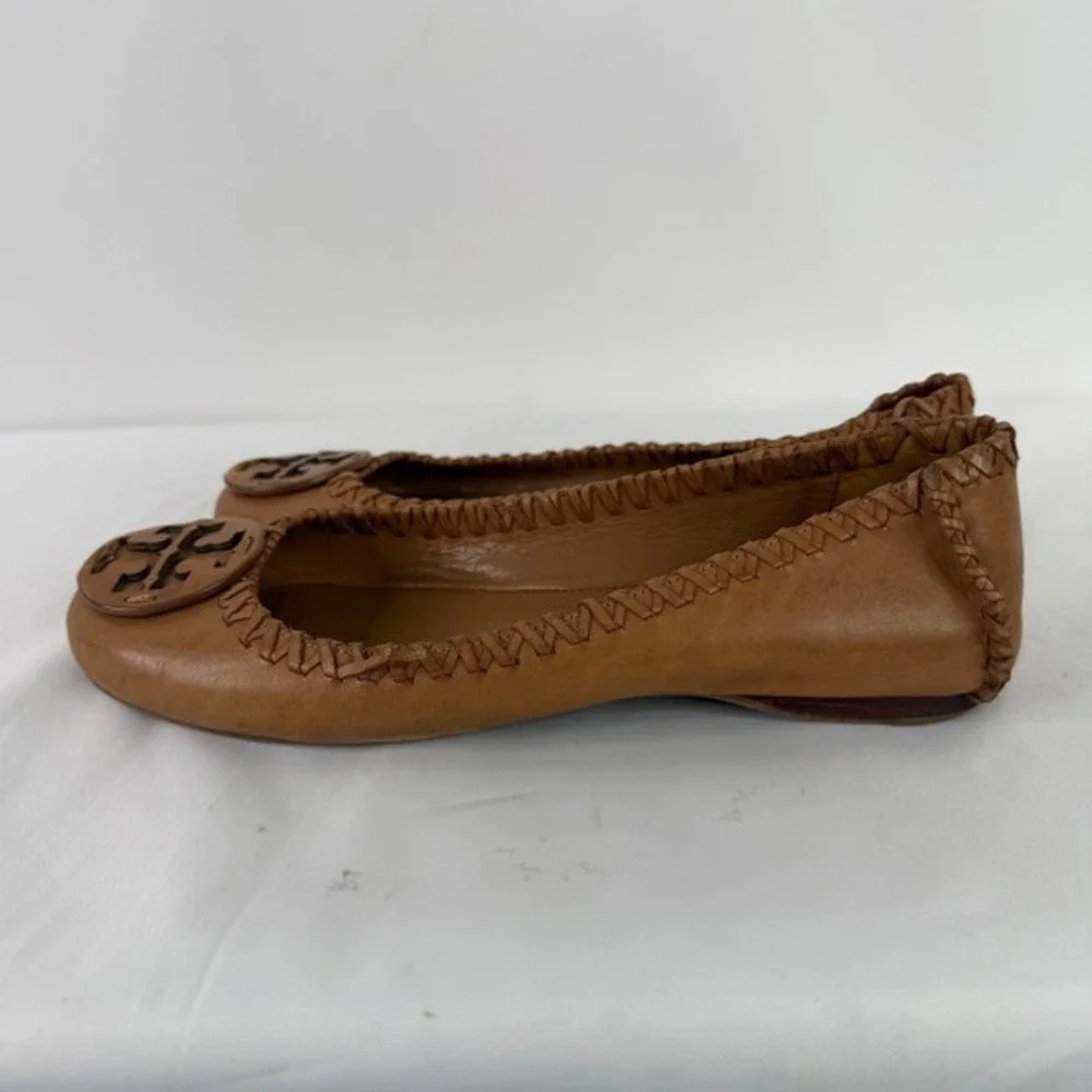 Tory Burch Reva Tan Leather‎ Whipstitch Ballet Flats Logo Shoes Womens 7.5M